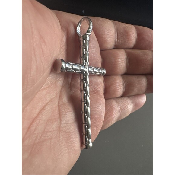 Vintage Jewelry Silver Tone Religious Cross Pendant 2.5 Inch Stainless Steel - Picture 4 of 6